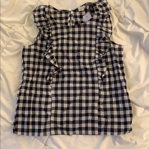Ruffled navy and white checkered J Crew blouse